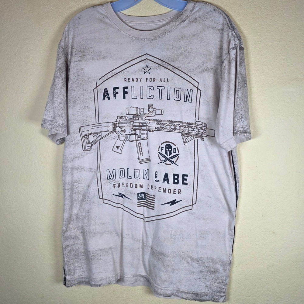 Affliction Freedom Defender Molon Labe Rifle Graphic T-Shirt XL Cream Distressed